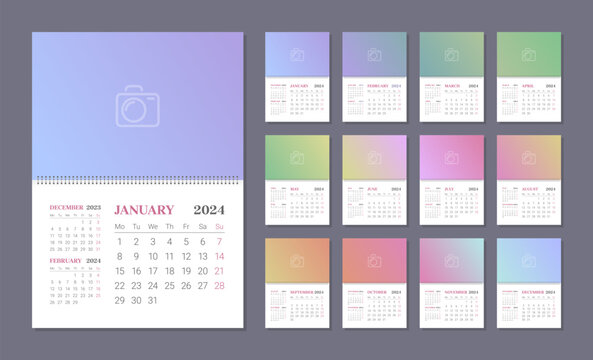 spiral calendar for 2024 year with place for photo. corporate and business planner template in engli