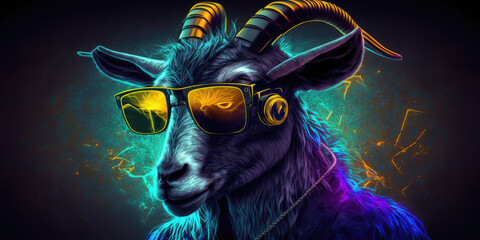 Wall Mural - Cool neon party dj goat in headphones and sunglasses, generative ai