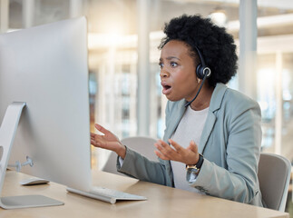 Frustrated, confused and surprise in call center, black woman with headset and crisis, CRM problem and computer glitch. Female employee, tech support mistake or software error in customer service
