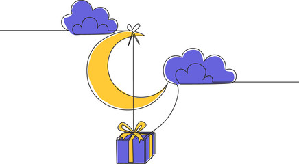 Wall Mural - Single continuous line drawing of present gift hanging on the moon at the cloudy sky. Muslim holiday, Eid ul Fitr greeting card concept one line draw design illustration