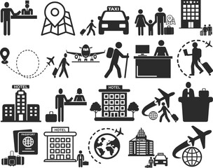 Wall Mural - Hotel and travel icon, 20 tourist hotel icon set black vector