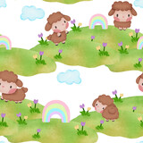 Fototapeta Pokój dzieciecy - Cute sheep watercolor seamless pattern for print paper background textile fabric