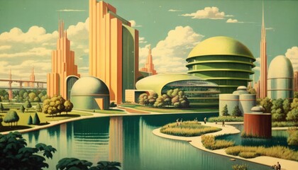 A retro futuristic city Caspe in soft colors