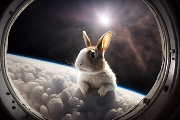 Easter bunny. In space. Fantastic sci-fi fantasy. 