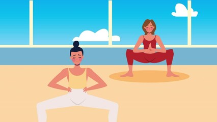 Wall Mural - two girls practicing yoga characters animation