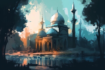 serene painting of a mosque during Ramadan. digital art illustration. generative AI.