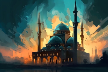 A breathtaking painting of a mosque in during Ramadan. digital art illustration. generative AI.