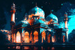 a masjid with vibrant colors in ramadhan sky. digital art illustration. generative AI.