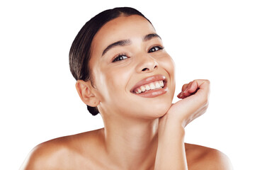 Portrait, smile and skincare with hispanic woman happy about smooth, soft skin on an isolated png background. Happiness, face and cosmetic care of a smiling female with health and wellness