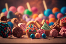 Tasty Close Up Different Sweets. Horizontal Banner With Copy Space. Confectionary Products. AI Generated Image.