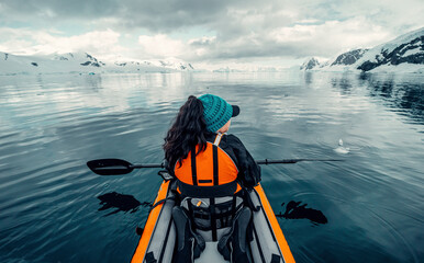 Female Kayaker Paddling in Calm Waters of Antarctica, Woman in Orange Life Vest, Looking At Scenic Views of Arctic landscape