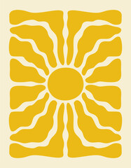 Poster - Vertical retro groovy background with bright sunburst in style 60s, 70s. Trendy colorful graphic print. Vector illustration