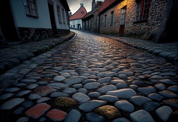 A cobblestone street with a pattern of rough, uneven stones. Generative AI