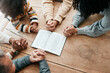 © Allistair/peopleimages.com - Bible, reading book or hands of family in prayer, support or hope in Christianity home for worship together. Mother, father or grandparents studying, praying or learning God in religion with children