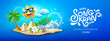 Songkran festival thailand, Thai flowers in a water bowl, splashing, sun smile, sand pagoda, cloud sky banner design on blue background, EPS 10 vector illustration
