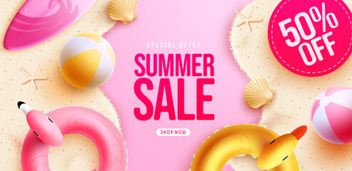Wall Mural - Summer sale vector banner design. Summer sale with 50% text special offer advertisement discount. Vector illustration summer sale promotion. 
