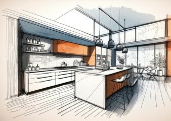 Modern Kitchen Interior Sketch 2. Generative AI