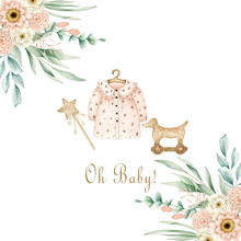 Watercolor Illustration Card Oh Baby With Girl Dress, Toys, Eucalyptus, Flowers Frame. Isolated On White Background. Hand Drawn Clipart. Perfect For Card, Postcard, Tags, Invitation, Printing, Wrap.