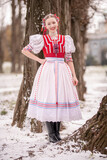 Fototapeta Konie - Beautiful woman wearing traditional Eastern Europe folk costumes. Slovak folk costumes.