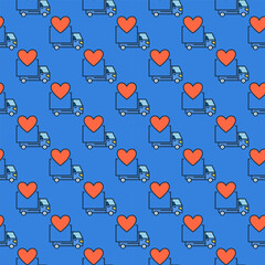 Poster - Delivery Truck with Red Heart vector colored seamless pattern