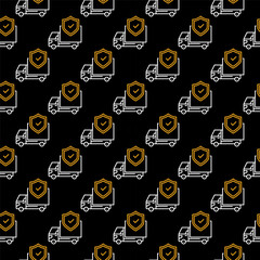 Poster - Shield and Delivery Truck vector Cargo Insurance line dark seamless pattern