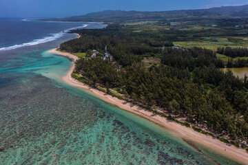 Wall Mural - Aerial landscape view of the area around Riambel Public Beach located on Mauritius Islands South Coast with a massive and wide reef who protects the Island and long sandy beach