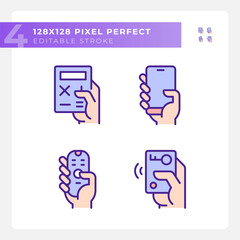 Wall Mural - Hands with mobile devices pixel perfect RGB color icons set. Appliances for control and communication. Isolated vector illustrations. Simple filled line drawings collection. Editable stroke