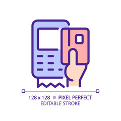 Sticker - Hand with EDC device pixel perfect RGB color icon. POS terminal for payment with credit cards. Digital banking technology. Isolated vector illustration. Simple filled line drawing. Editable stroke