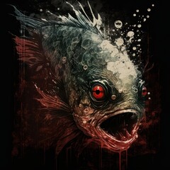 Wall Mural - Colorful fish in grunge style with red eye on black background. Generative AI