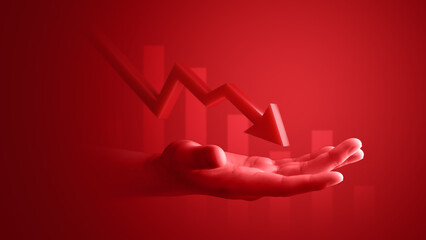 Wall Mural - Hand crisis business graph red 3d arrow fall financial chart investment market concept on banking crash background of down finance global economy loss stock recession failure strategy impact diagram.