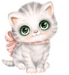Cute british tabby kitten with green eyes and bow. Lovely little cat Hand painted watercolor digital illustration