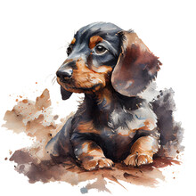 Dachshund Puppy Portrait, Isolated Watercolor Illustration On Transparent Or White Background, Generative AI