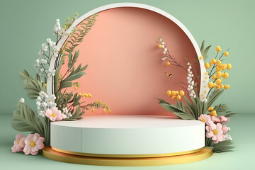 Wall Mural - Beautiful abstract springtime minimal podium display. Horizontal background bright colors. AI generative image.