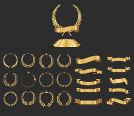 Wall Mural - collection of golden ribbons and laurel wreaths and gold podium vector illustration