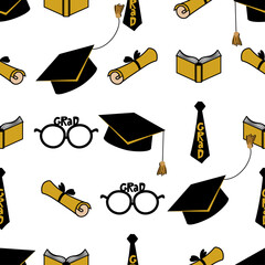 Wall Mural - Congratulations graduates - Seamless pattern, vector backdrop of tossing graduation caps, books and diplomas pattern. Goos for wallpapers, wrapping papers, backgrounds.
