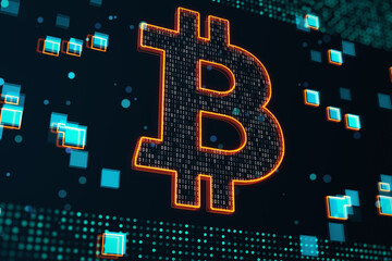 Poster - Cryptocurrency and digital money exchange concept with glowing bitcoin symbol covered by binary code on abstract dark technological background with blue pixels. 3D rendering