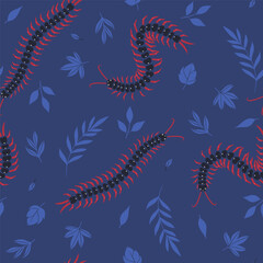 Seamless pattern with centipedes and leaves. Vector graphics.