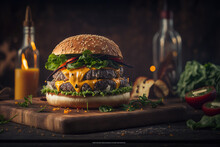 Appetizing Burger On A Table In Wood Background With Bottle Of Wine Behind