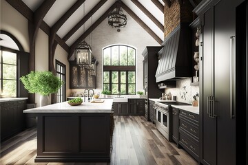 Amazing modern and rustic luxury kitchen with vaulted ceiling and wooden beams, long island with white quartz countertop and dark wood cabinets, AI generated