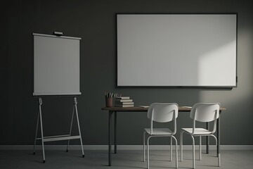 Poster - Blur Class room chair and table with white board and projector screen. Generative AI
