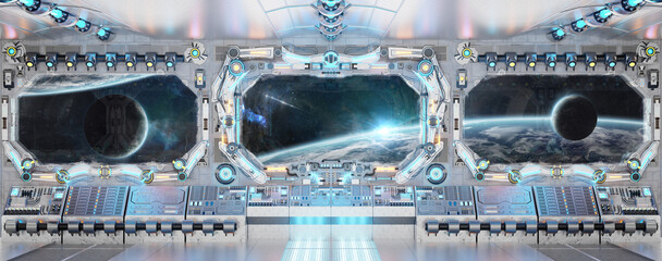 Wall Mural - White spaceship interior with glowing blue and red lights. Futuristic spacecraft with large window view on planets in space. 3D rendering