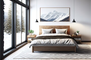 Side view of comfortable master bedroom with white and wooden walls, wooden floor, king size bed standing on grey carpet and two bedside tables. Blurry mountain view, AI generated