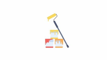 Poster - Animated paint buckets with roller. Home interior renovation. Flat cartoon style icon 4K video footage. Color isolated element animation on white background with alpha channel transparency