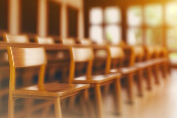 Wall Mural - blur image of brown wooden chair row in classroom for abstract background usage. Generative AI