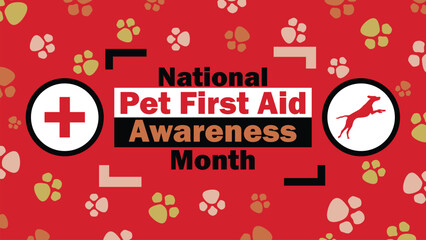 National Pet First Aid Awareness Month Vector banner design background with red color theme, jumping dog pet icon silhouette, medical cross sign, paw prints pattern and typography, clean simple.