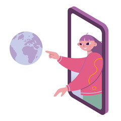 Wall Mural - Girl touches the globe through a smartphone, cartoon style. Concept of global internet communication, connection with the whole world and travel. Trendy vector  isolated illustration, flat