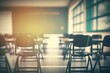 Abstract blurred background image of empty classroom without student after school; Blurry view of exam hall with chairs and tables in room at the end of semester in college or university vintage tone