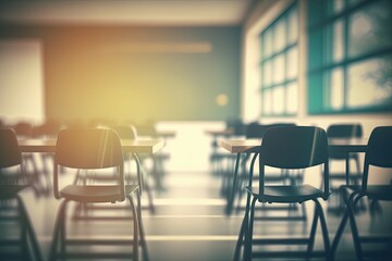 Poster - Abstract blurred background image of empty classroom without student after school; Blurry view of exam hall with chairs and tables in room at the end of semester in college or university vintage tone