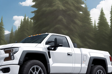 A white pickup truck is driving on the road. Beautiful summer landscape as background, blue sky with clouds, forest and hill. Generative AI.