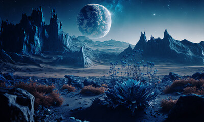 Poster - Space planets background. Distant planetscape in cosmos with exoplanets. Concept art Generative ai